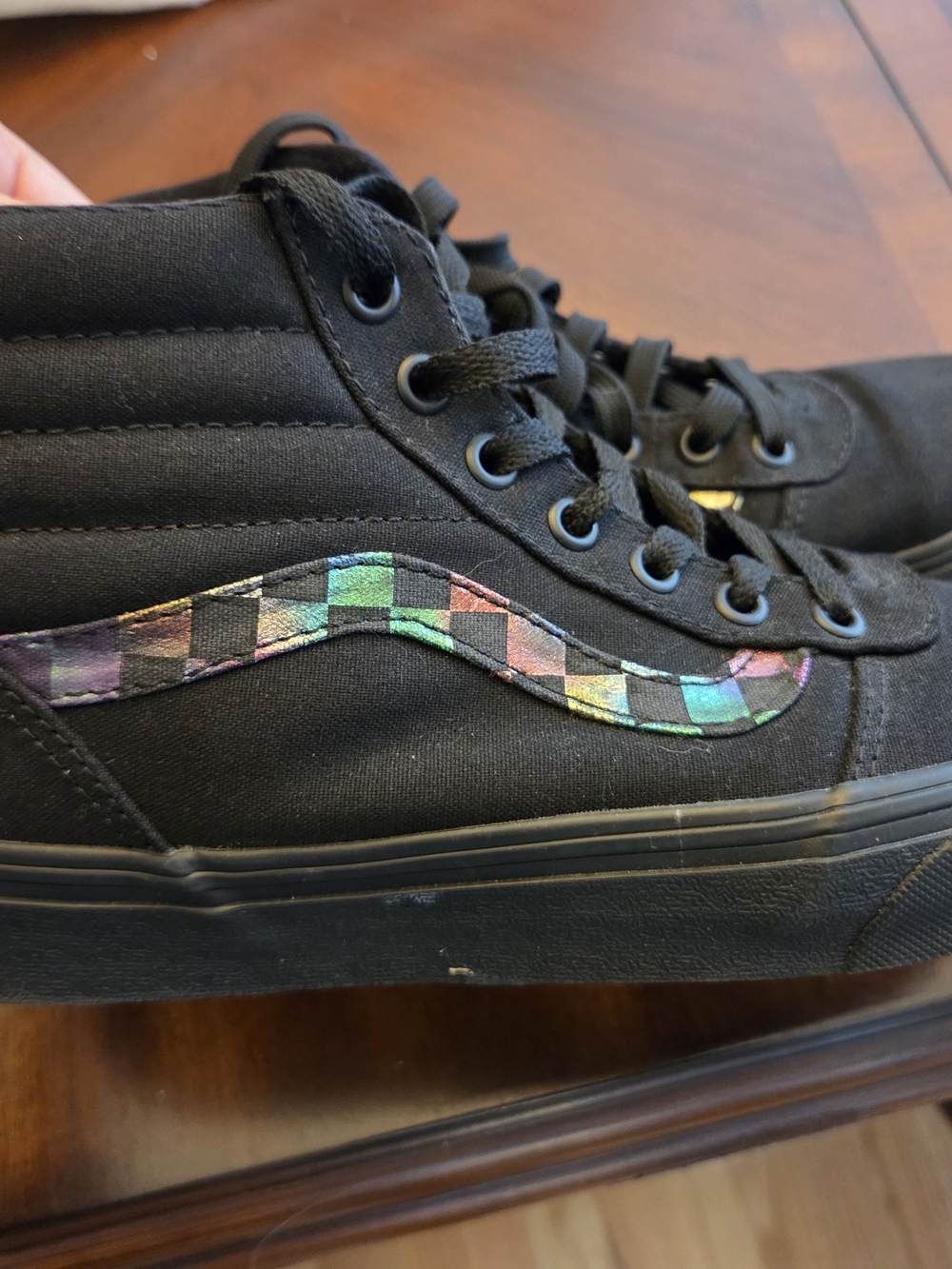 Vans Black High-Top Ankle Boots with Iridescent Checkerboard Accent - Picture 2 of 4